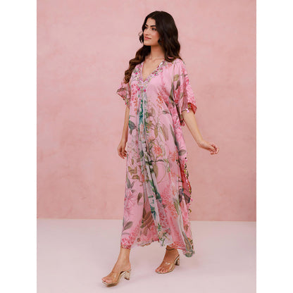 AROOP SHOP INDIA Pink Freesia Floral Kaftan with Pant