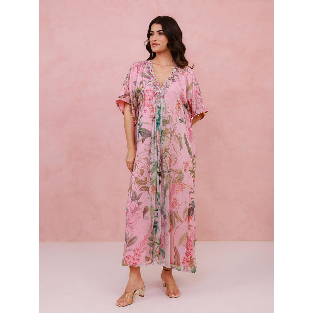 AROOP SHOP INDIA Pink Freesia Floral Kaftan with Pant