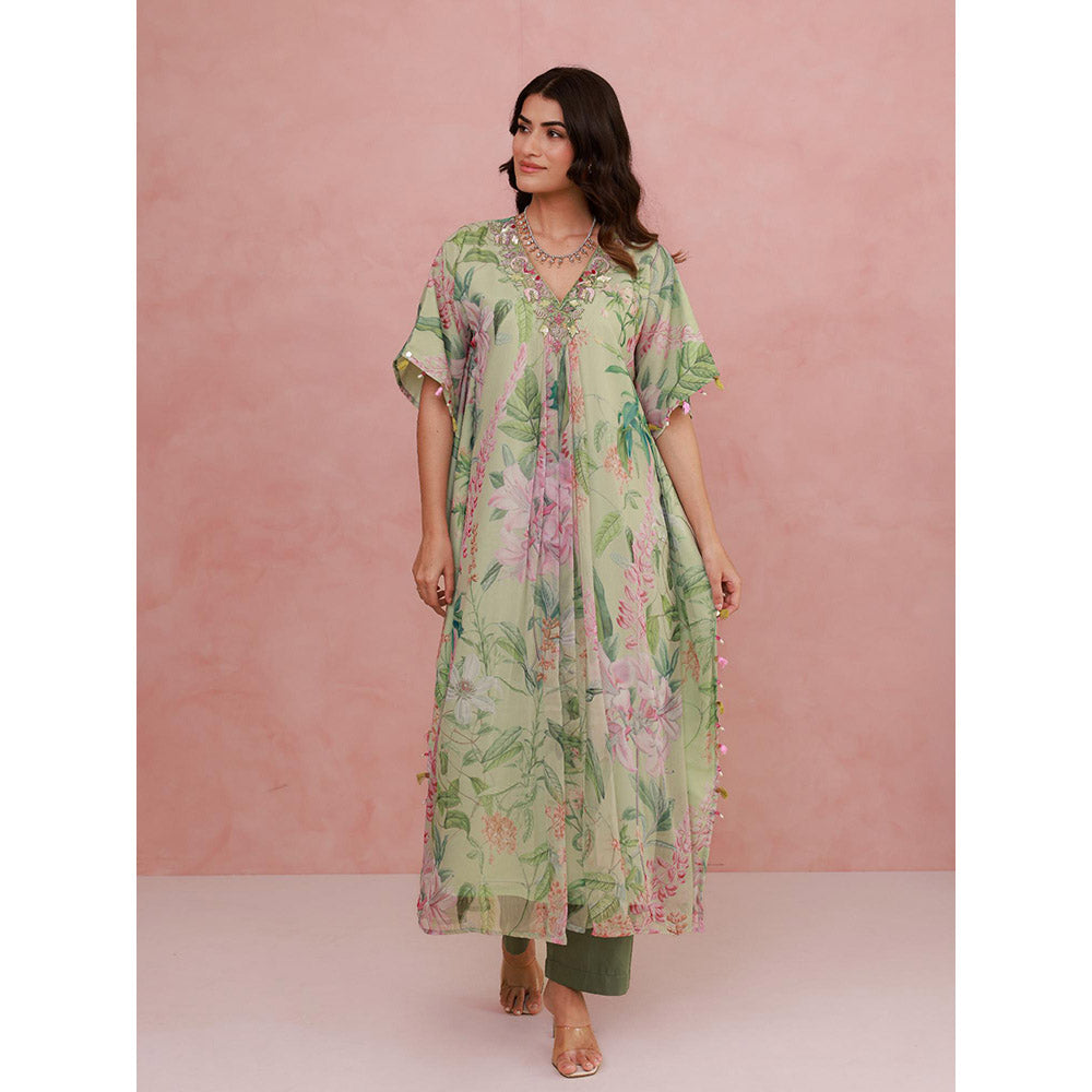 AROOP SHOP INDIA Green Jaselle Floral Kaftan with Pant