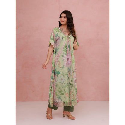 AROOP SHOP INDIA Green Jaselle Floral Kaftan with Pant