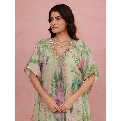 AROOP SHOP INDIA Green Jaselle Floral Kaftan with Pant