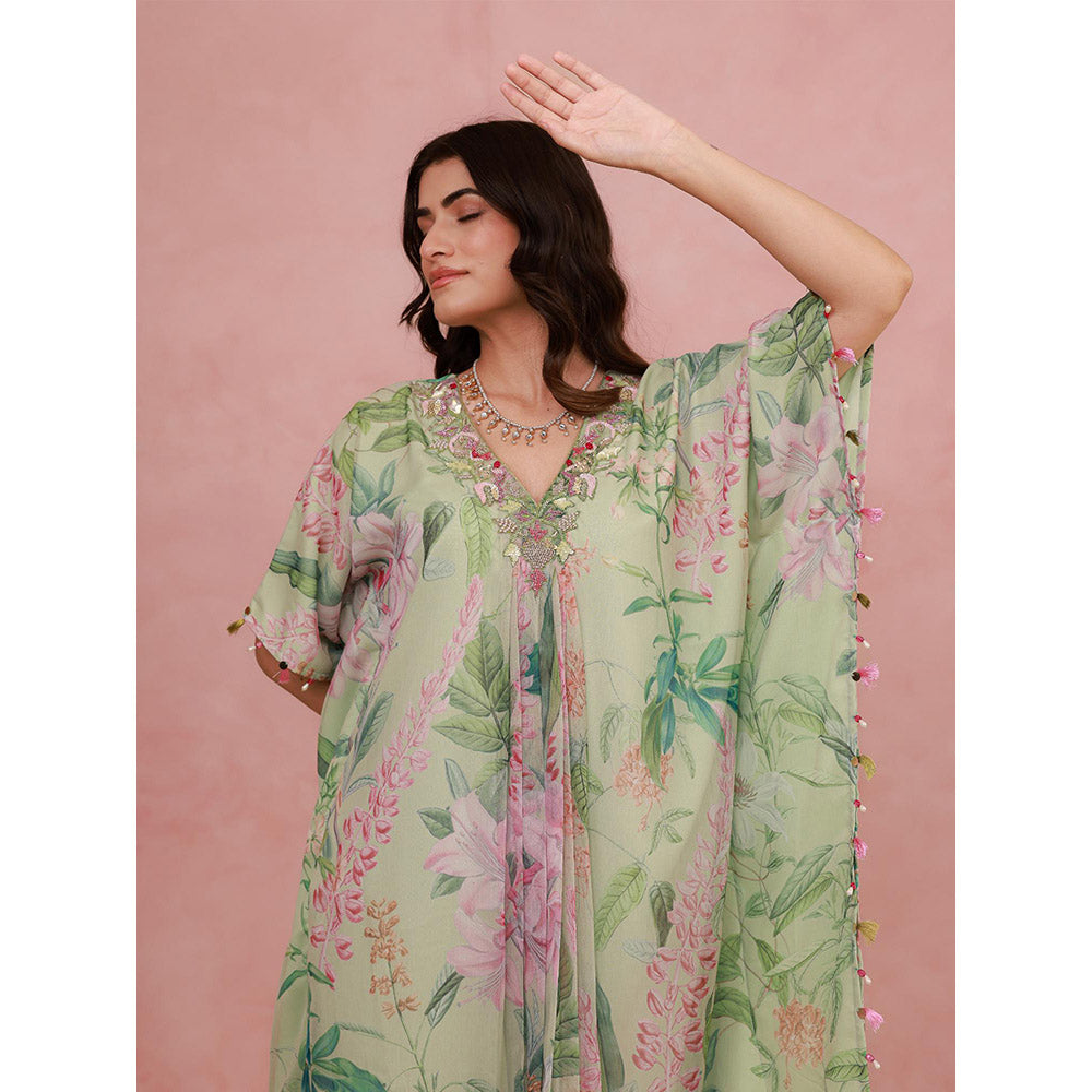 AROOP SHOP INDIA Green Jaselle Floral Kaftan with Pant