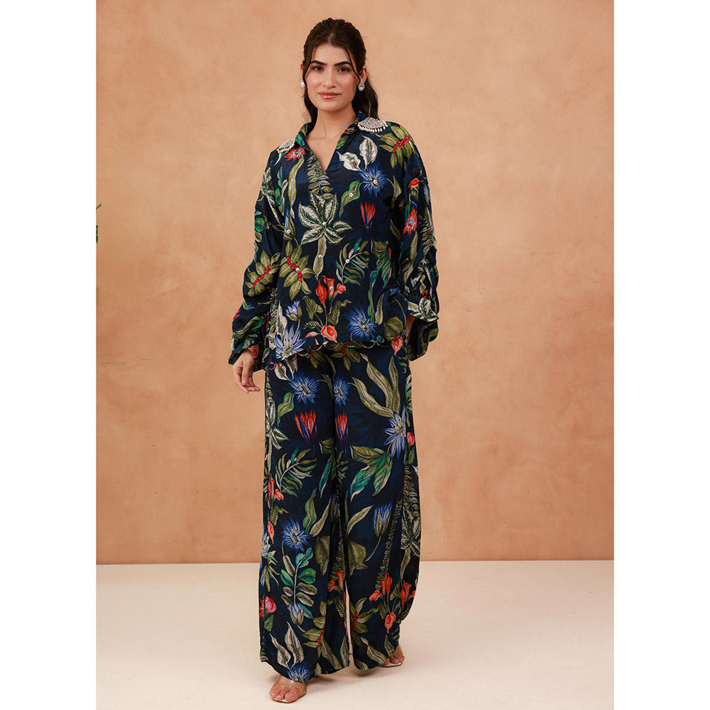 AROOP SHOP INDIA Navy Blue Primrose Floral Top & Pant
