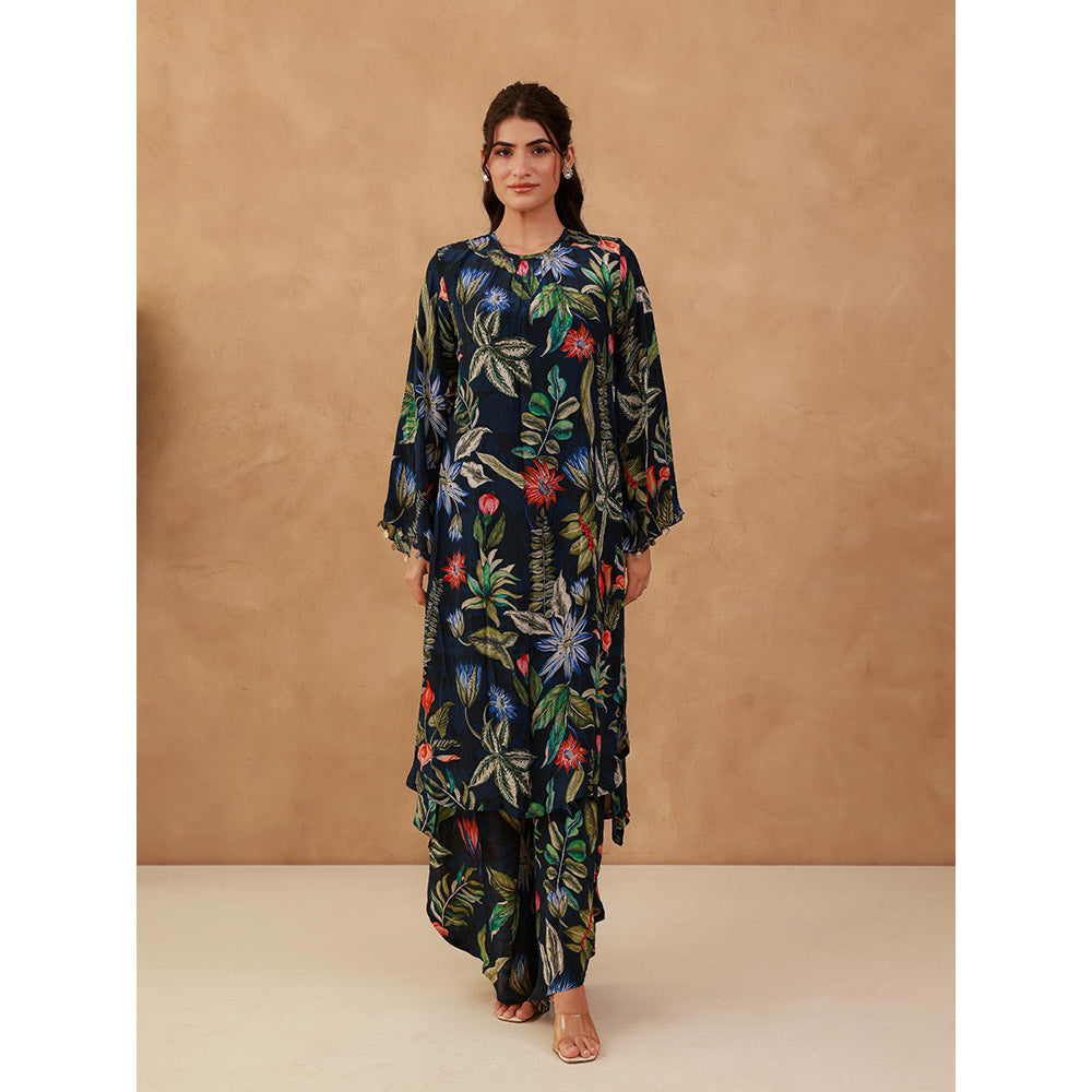 AROOP SHOP INDIA Navy Blue Mahagony Floral Kurta & Pant