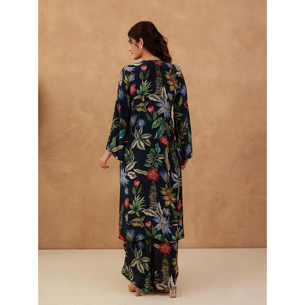 AROOP SHOP INDIA Navy Blue Mahagony Floral Kurta & Pant