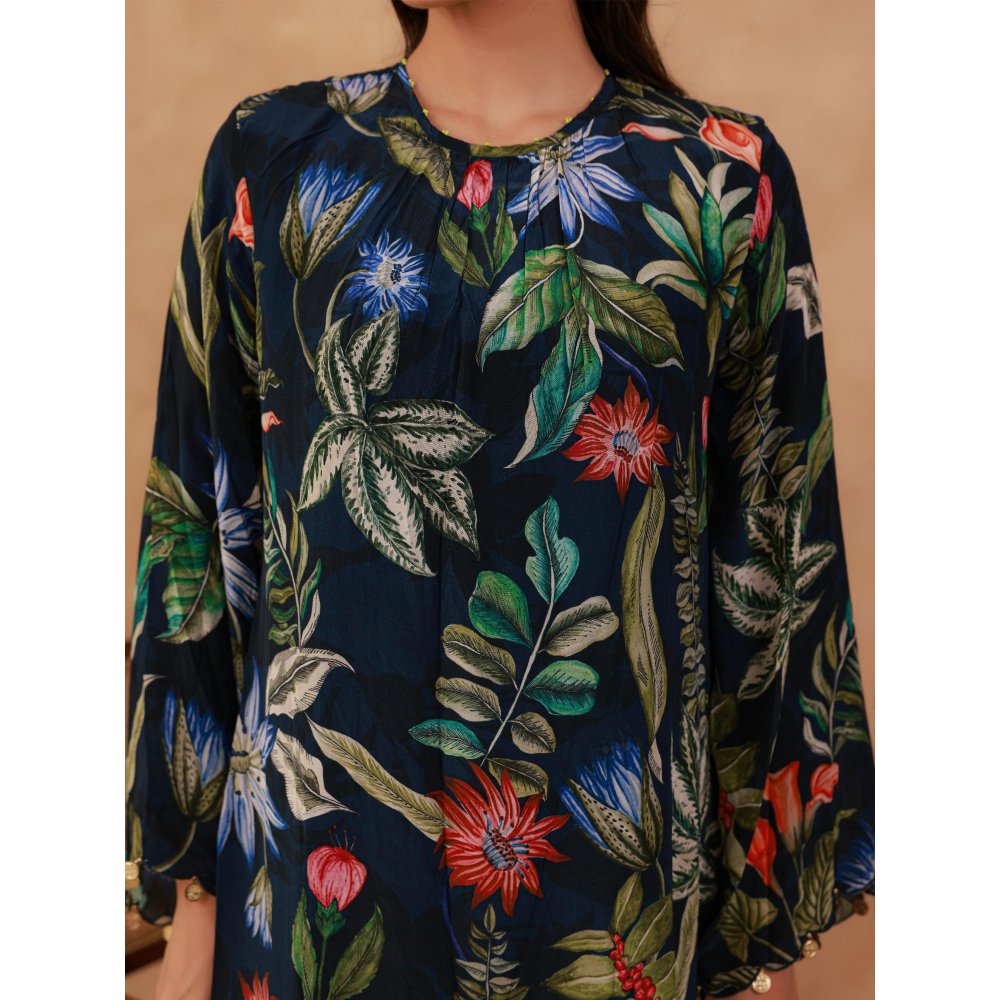 AROOP SHOP INDIA Navy Blue Mahagony Floral Kurta & Pant