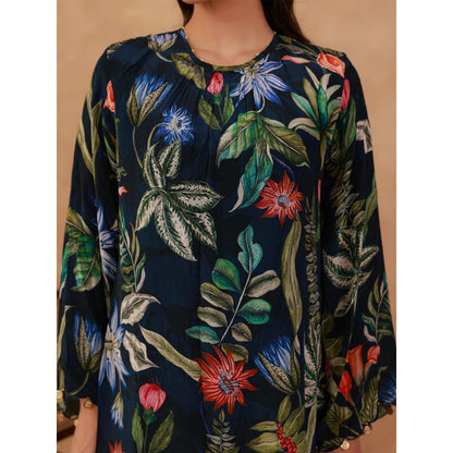 AROOP SHOP INDIA Navy Blue Mahagony Floral Kurta & Pant