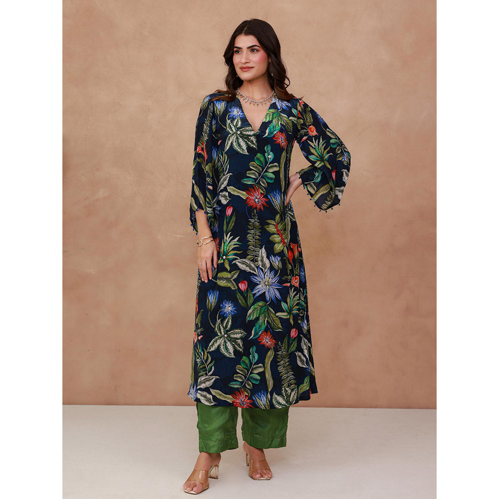 AROOP SHOP INDIA Navy Blue Grace Floral Kurta & Pant