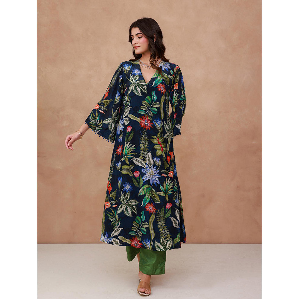 AROOP SHOP INDIA Navy Blue Grace Floral Kurta & Pant