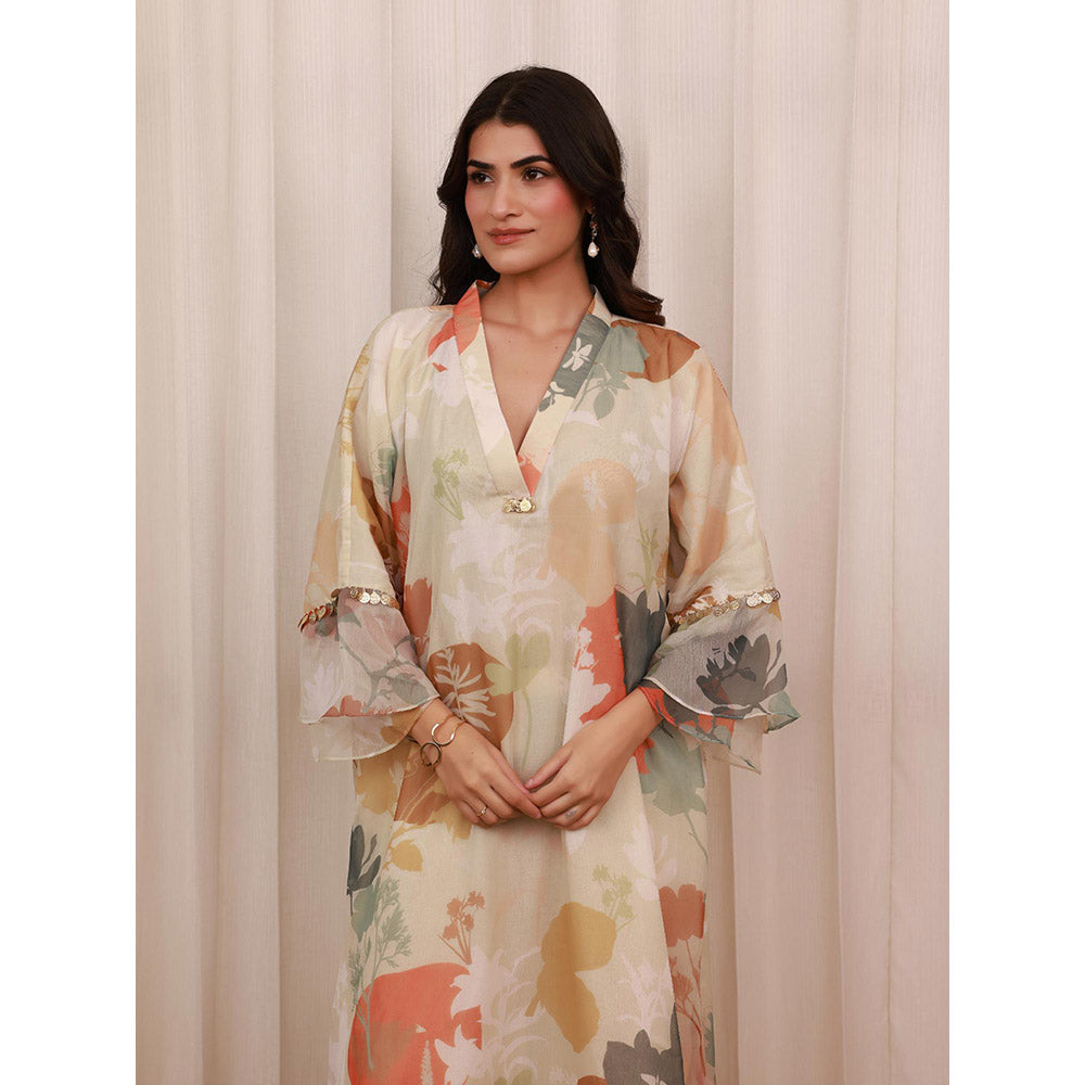 AROOP SHOP INDIA Beige Magnolia Floral Print Kurta with Pant