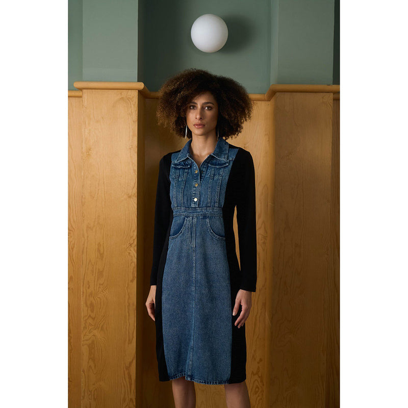 Aruni Black Jersey Denim Front Dress