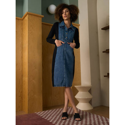 Aruni Black Jersey Denim Front Dress