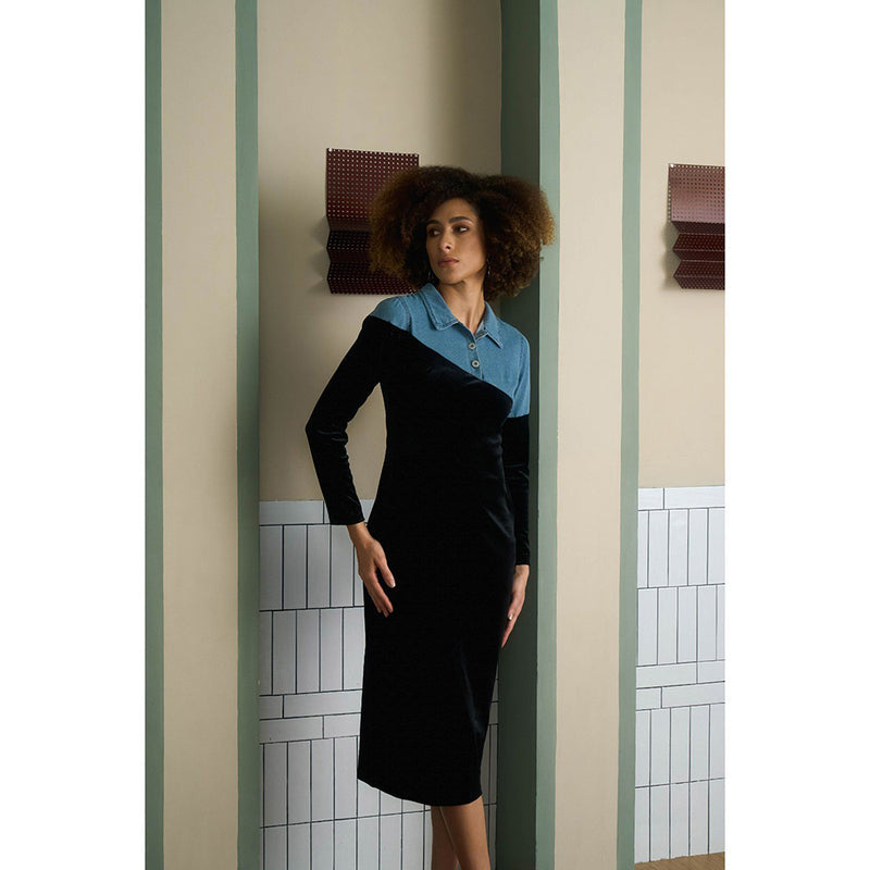 Aruni Black Velvet Denim Dress