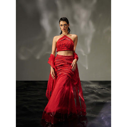 Asaaye Red Reef Skirt with Blouse and Dupatta