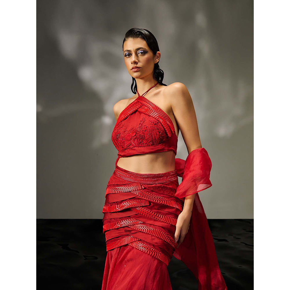 Asaaye Red Reef Skirt with Blouse and Dupatta