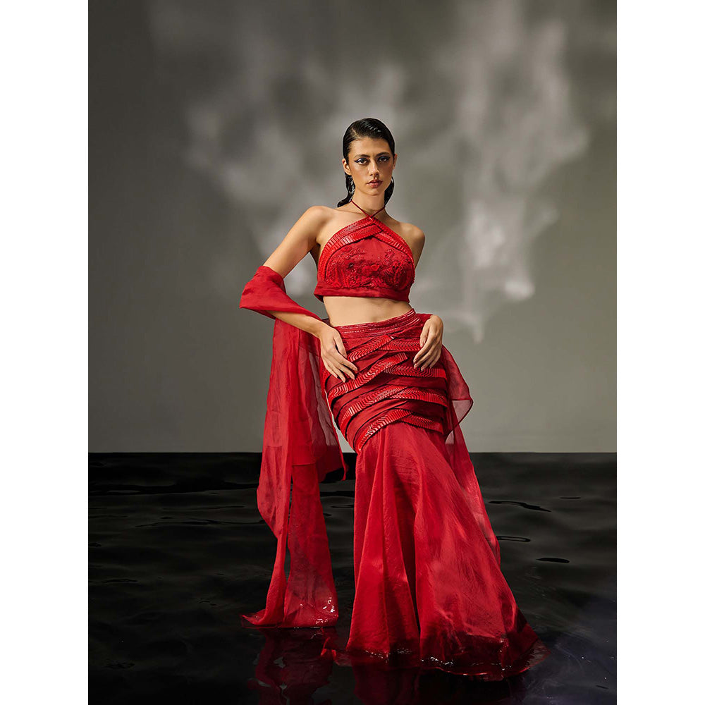 Asaaye Red Reef Skirt with Blouse and Dupatta