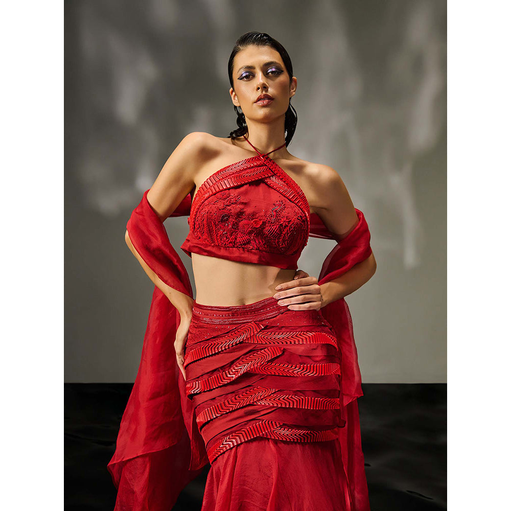 Asaaye Red Reef Skirt with Blouse and Dupatta