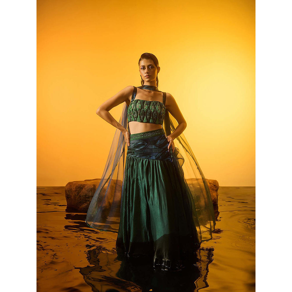 Asaaye Green Grass Bound Fish Lehenga with Blouse and Dupatta