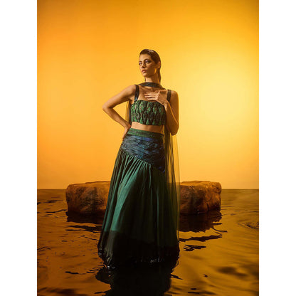 Asaaye Green Grass Bound Fish Lehenga with Blouse and Dupatta