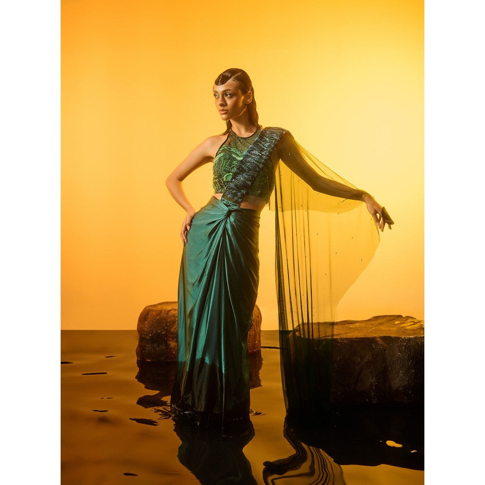 Asaaye Mermaid's Garden Pre Drape Saree with Stitched Blouse