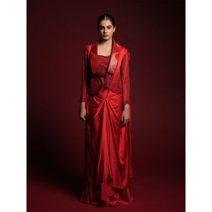 Asaaye Alive In Red Jacket Pre Drape Saree with Stitched Blouse