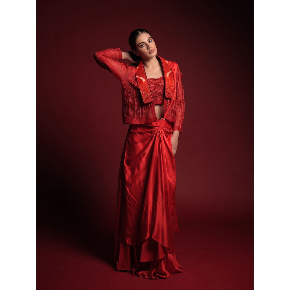 Asaaye Alive In Red Jacket Pre Drape Saree with Stitched Blouse