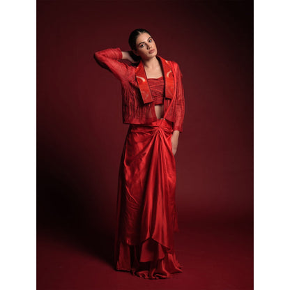 Asaaye Alive In Red Jacket Pre Drape Saree with Stitched Blouse