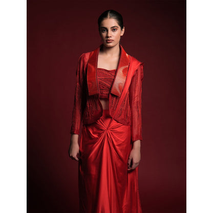 Asaaye Alive In Red Jacket Pre Drape Saree with Stitched Blouse