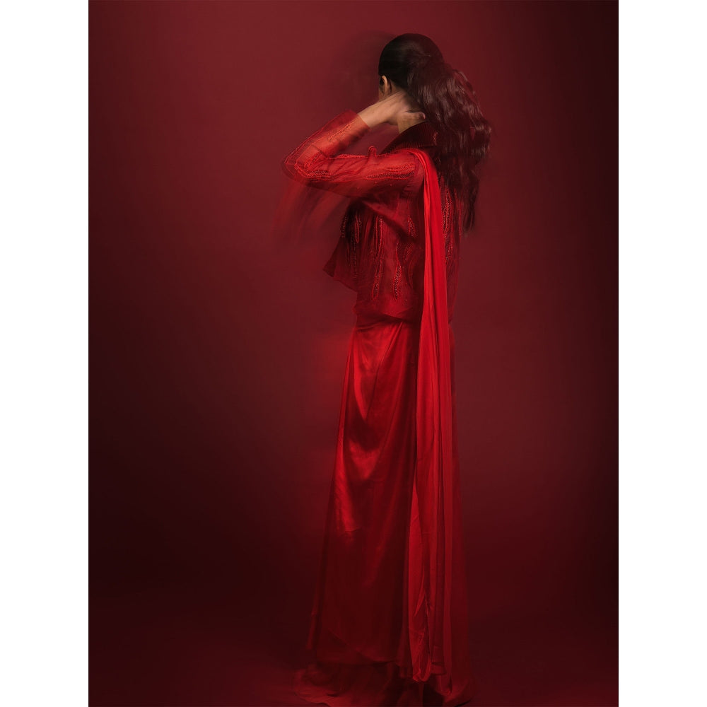 Asaaye Alive In Red Jacket Pre Drape Saree with Stitched Blouse