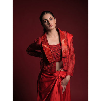Asaaye Alive In Red Jacket Pre Drape Saree with Stitched Blouse