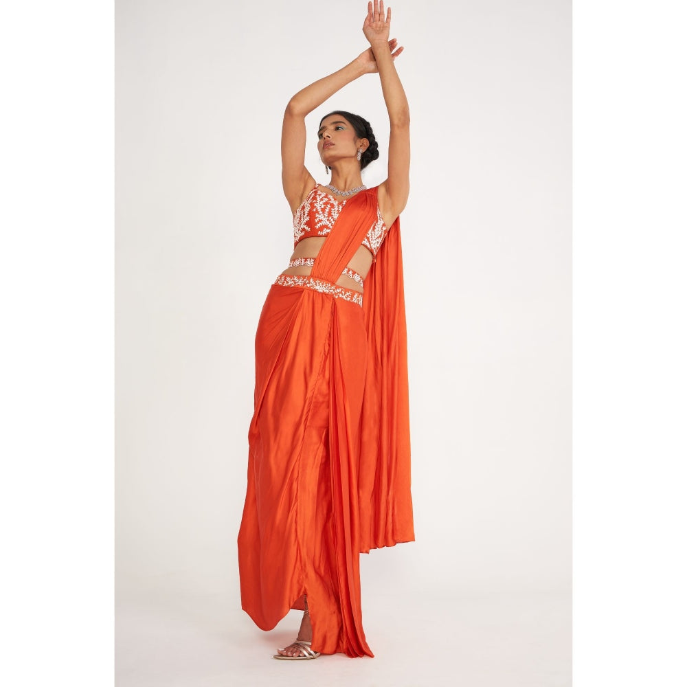 Asaga Lune Orange Embroidered Stitched Blouse and Pre Drape Saree with Belt (Set of 3)