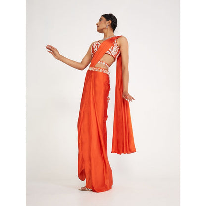 Asaga Lune Orange Embroidered Stitched Blouse and Pre Drape Saree with Belt (Set of 3)