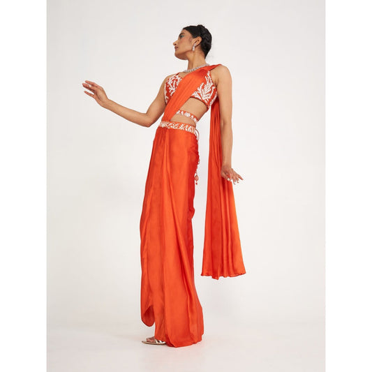 Asaga Lune Orange Embroidered Stitched Blouse and Pre Drape Saree with Belt (Set of 3)