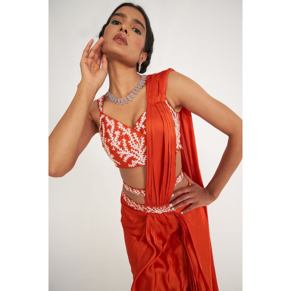 Asaga Lune Orange Embroidered Stitched Blouse and Pre Drape Saree with Belt (Set of 3)