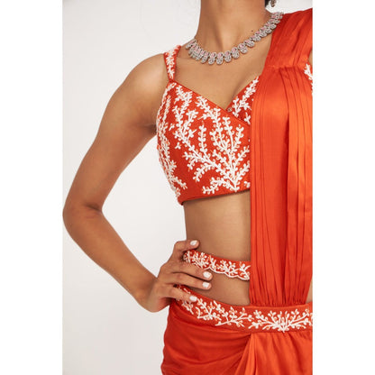 Asaga Lune Orange Embroidered Stitched Blouse and Pre Drape Saree with Belt (Set of 3)