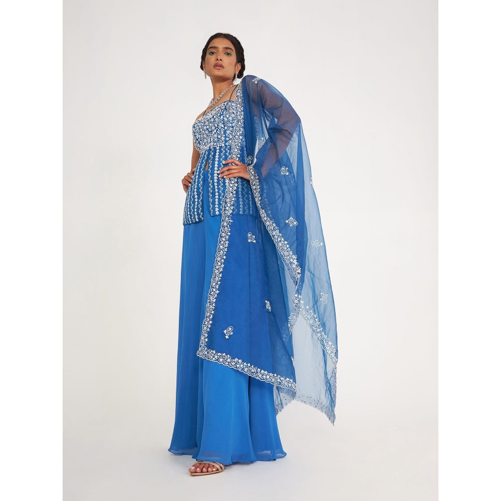 Asaga Grace Blue top with Georgette Sharara and Organza Dupatta (Set of 3)