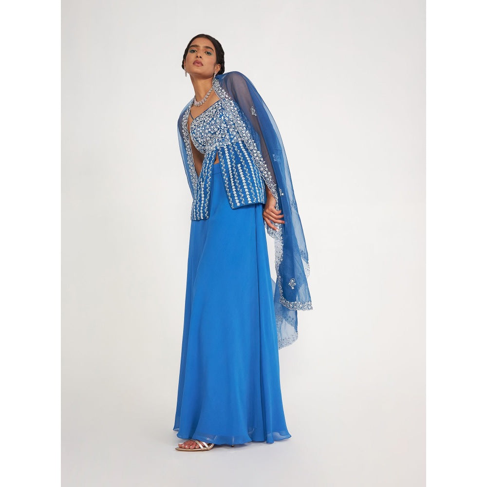 Asaga Grace Blue top with Georgette Sharara and Organza Dupatta (Set of 3)