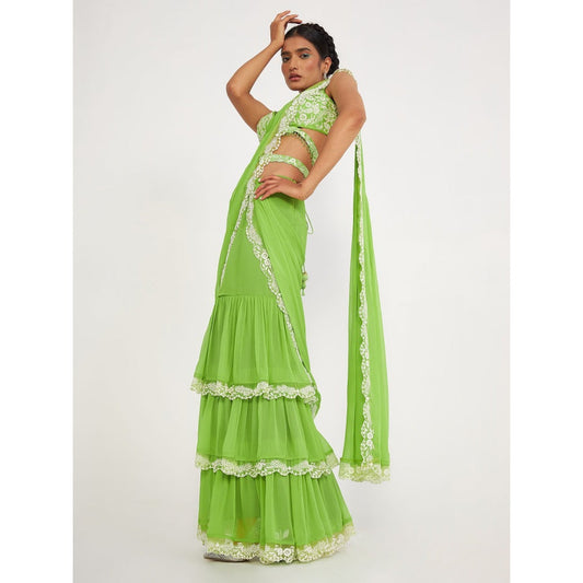 Asaga Stella Tiered Green Pre Drape Saree and Embroidered Stitched Blouse with Belt (Set of 3)