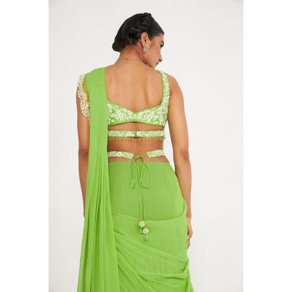 Asaga Stella Tiered Green Pre Drape Saree and Embroidered Stitched Blouse with Belt (Set of 3)