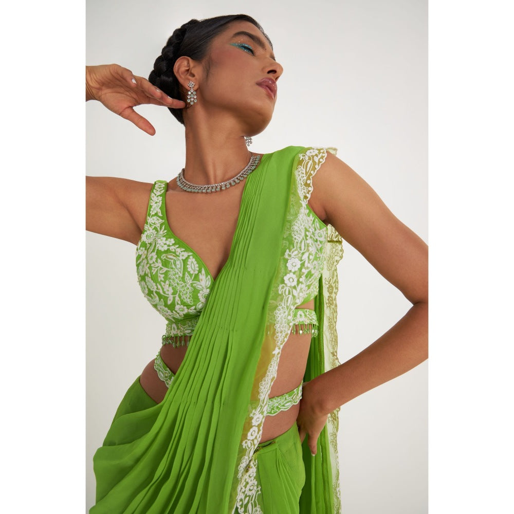 Asaga Stella Tiered Green Pre Drape Saree and Embroidered Stitched Blouse with Belt (Set of 3)