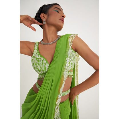 Asaga Stella Tiered Green Pre Drape Saree and Embroidered Stitched Blouse with Belt (Set of 3)