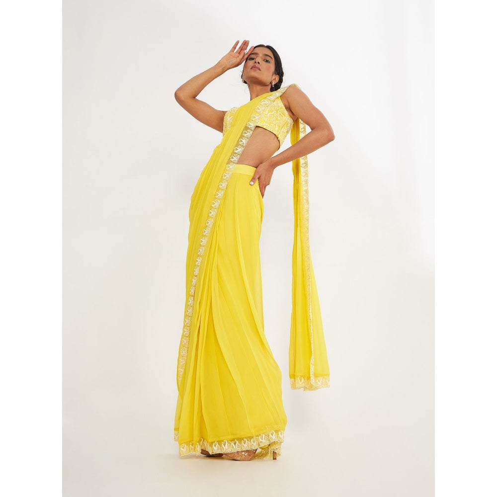 Asaga Olivia Yellow Pre Drape Saree and Embroidered Stitched Blouse