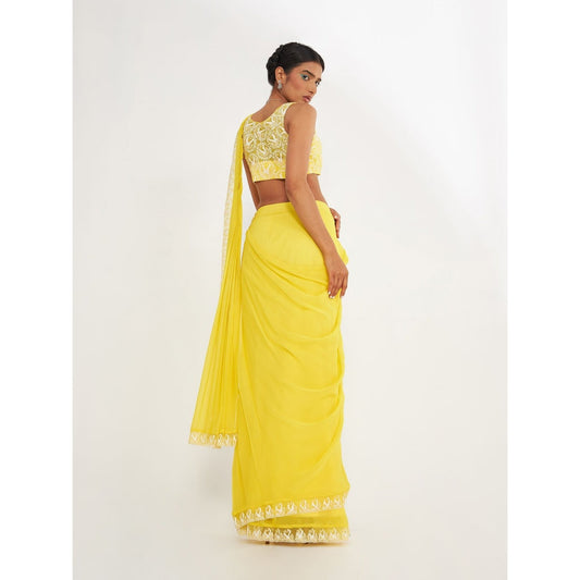 Asaga Olivia Yellow Pre Drape Saree and Embroidered Stitched Blouse