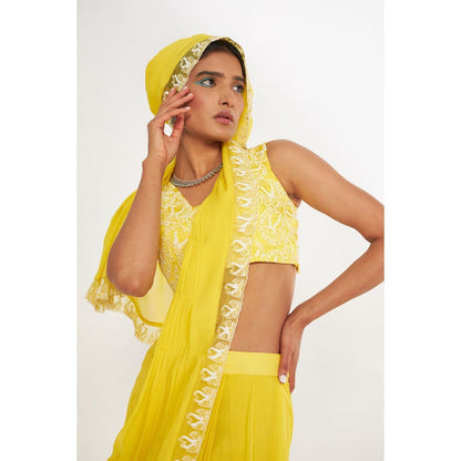 Asaga Olivia Yellow Pre Drape Saree and Embroidered Stitched Blouse