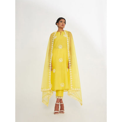 Asaga Ava Yellow Silk Embroidered Kurta and Pants with Organza Dupatta (Set of 3)