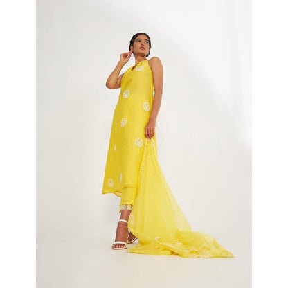 Asaga Ava Yellow Silk Embroidered Kurta and Pants with Organza Dupatta (Set of 3)