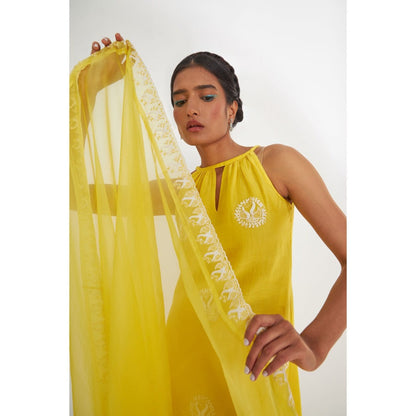 Asaga Ava Yellow Silk Embroidered Kurta and Pants with Organza Dupatta (Set of 3)