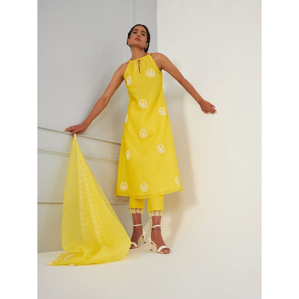 Asaga Ava Yellow Silk Embroidered Kurta and Pants with Organza Dupatta (Set of 3)