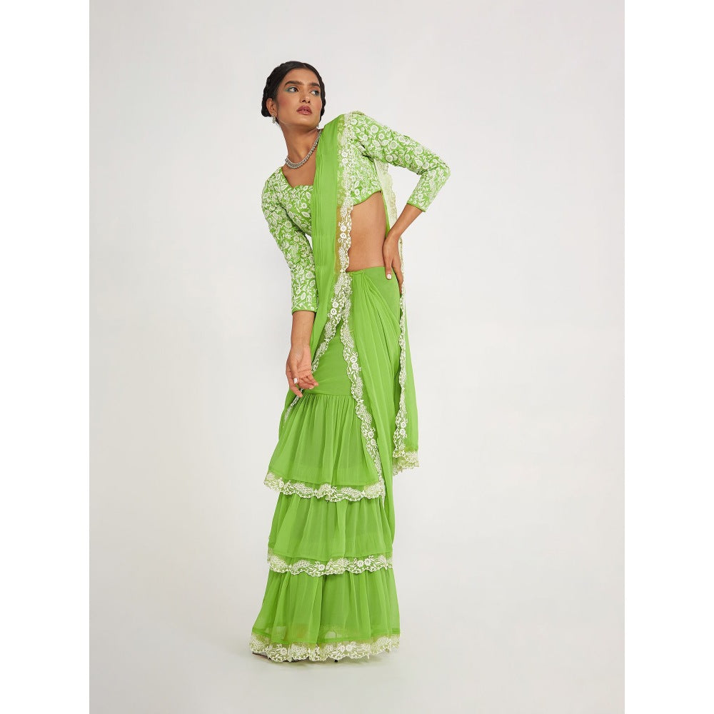 Asaga Flora Tiered Green Pre Draped Saree and Embroidered Stitched Blouse with Belt (Set of 3)