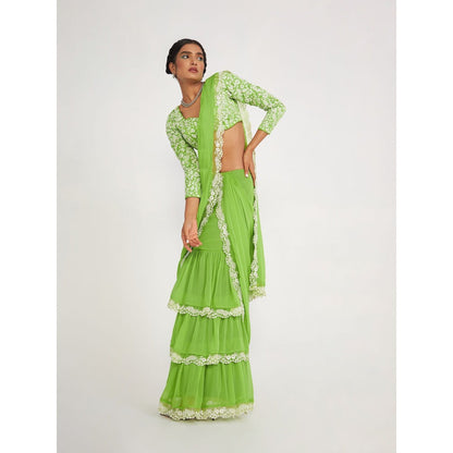 Asaga Flora Tiered Green Pre Draped Saree and Embroidered Stitched Blouse with Belt (Set of 3)